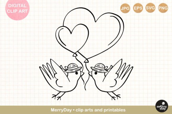 Download Love Birds with Heart Balloons Line Art - Line art Collection