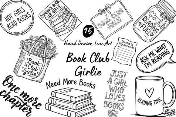 Download Book Club Girlie Hand Drawn Line Art - Premium Resources