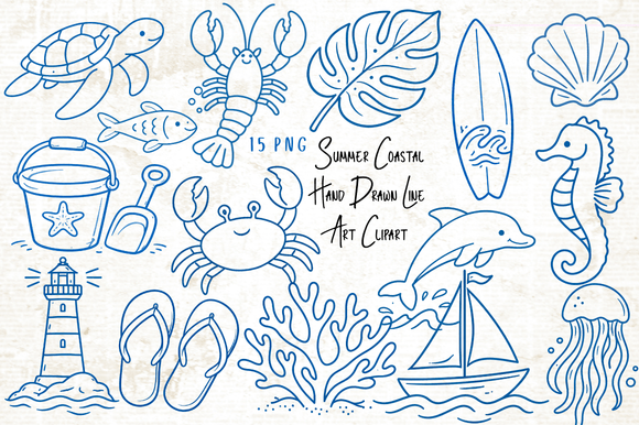 Download Summer Coastal Hand Drawn Line Art PNG - Premium Resources